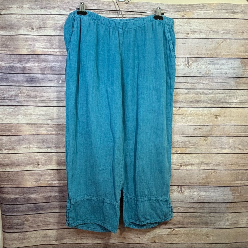 Match Point Teal Linen Wide Leg Cropped Pants Size Large
